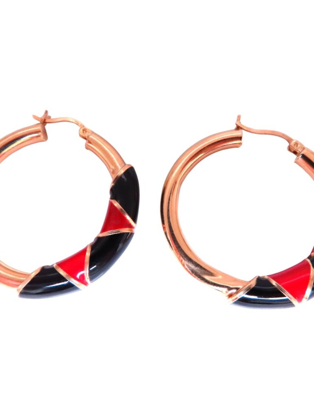 Red Black Enamel Tubular Hoop Earrings 14kt yellow gold*